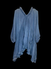Load image into Gallery viewer, 3X Grey blue batwing sleeve deep v-neckline empire waist top w/ fringe hem
