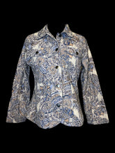 Load image into Gallery viewer, L Vintage 90s beige, blue, &amp; pink ornate pattern cotton blend button-up jacket w/ pockets, &amp; embroidery detail
