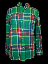 Load image into Gallery viewer, M Green &amp; red plaid flannel long sleeve button-up top w/ chest pockets, &amp; button cuffs
