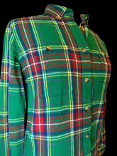 Load image into Gallery viewer, M Green &amp; red plaid flannel long sleeve button-up top w/ chest pockets, &amp; button cuffs
