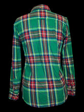 Load image into Gallery viewer, M Green &amp; red plaid flannel long sleeve button-up top w/ chest pockets, &amp; button cuffs
