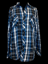 Load image into Gallery viewer, XL Blue, black, &amp; white plaid long sleeve button-up top w/ tab button cuffs, &amp; chest pockets

