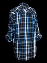 Load image into Gallery viewer, XL Blue, black, &amp; white plaid long sleeve button-up top w/ tab button cuffs, &amp; chest pockets
