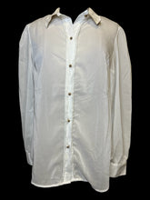 Load image into Gallery viewer, L White sheer long sleeve button down top w/ pleather cutout folded collar, lace details, &amp; button cuffs
