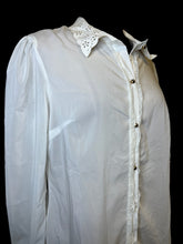 Load image into Gallery viewer, L White sheer long sleeve button down top w/ pleather cutout folded collar, lace details, &amp; button cuffs
