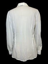 Load image into Gallery viewer, L White sheer long sleeve button down top w/ pleather cutout folded collar, lace details, &amp; button cuffs
