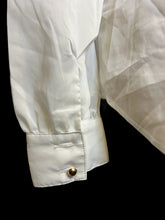Load image into Gallery viewer, L White sheer long sleeve button down top w/ pleather cutout folded collar, lace details, &amp; button cuffs
