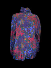 Load image into Gallery viewer, 1X Vintage 70s satin jewel tone paisley long sleeve high neckline top w/ button down collar, &amp; button cuffs
