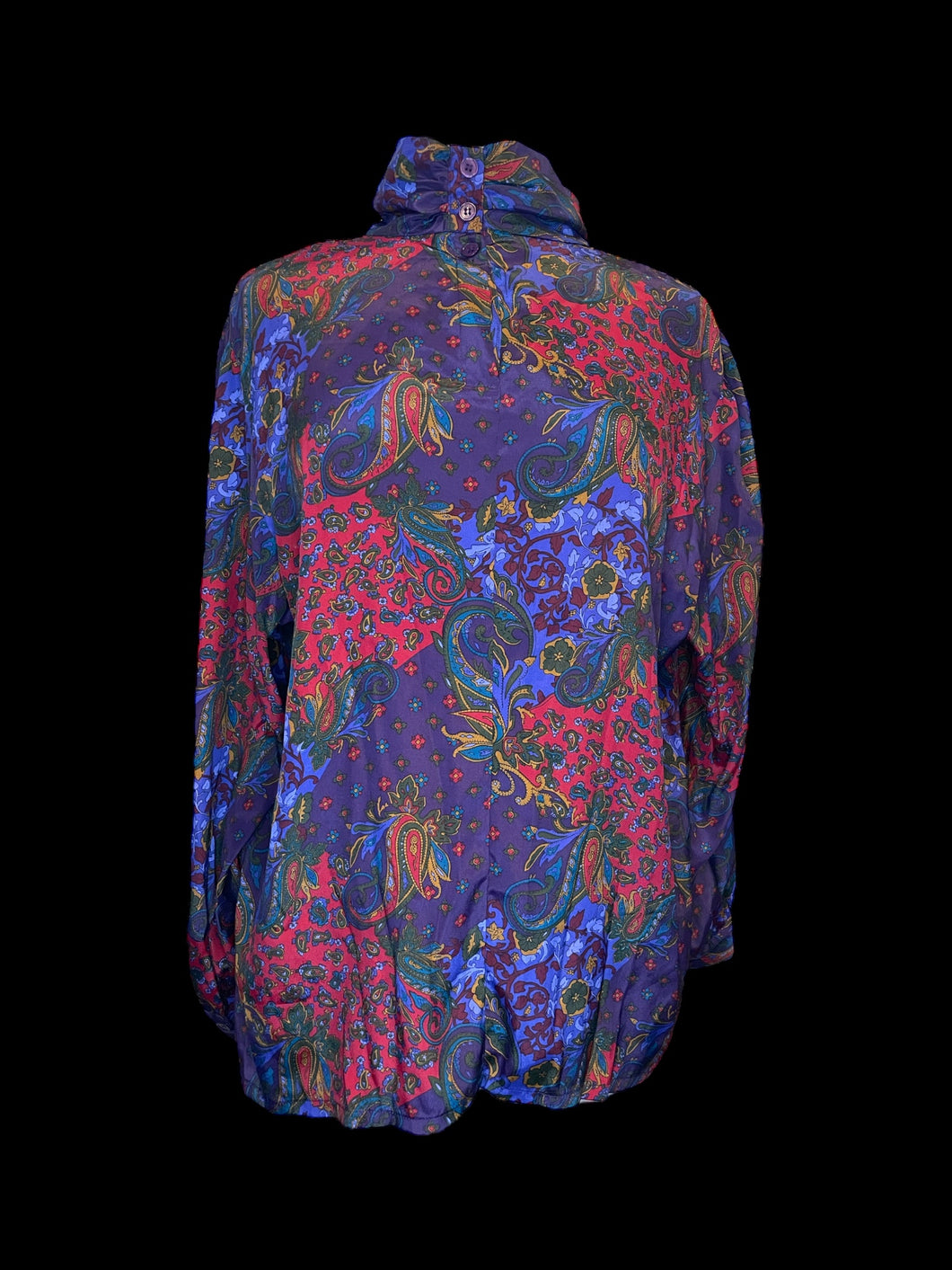 1X Vintage 70s satin jewel tone paisley long sleeve high neckline top w/ button down collar, & button cuffs