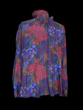 Load image into Gallery viewer, 1X Vintage 70s satin jewel tone paisley long sleeve high neckline top w/ button down collar, &amp; button cuffs
