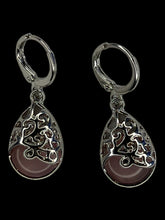 Load image into Gallery viewer, Silver-like tear drop pink stone dangle earrings w/ ornate setting
