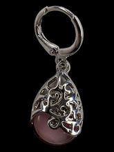 Load image into Gallery viewer, Silver-like tear drop pink stone dangle earrings w/ ornate setting
