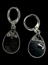 Load image into Gallery viewer, Silver-like tear drop pink stone dangle earrings w/ ornate setting
