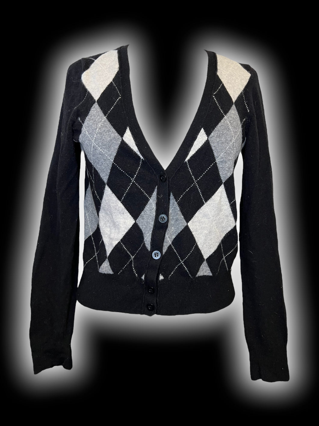 L Vintage black, grey, & white argyle wool blend button-up crop cardigan