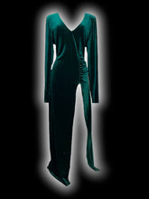 Load image into Gallery viewer, 1X NWT Dark green velvet long sleeve deep v-neck dress w/ ruching detail, shoulder pads, &amp; high slit skirt
