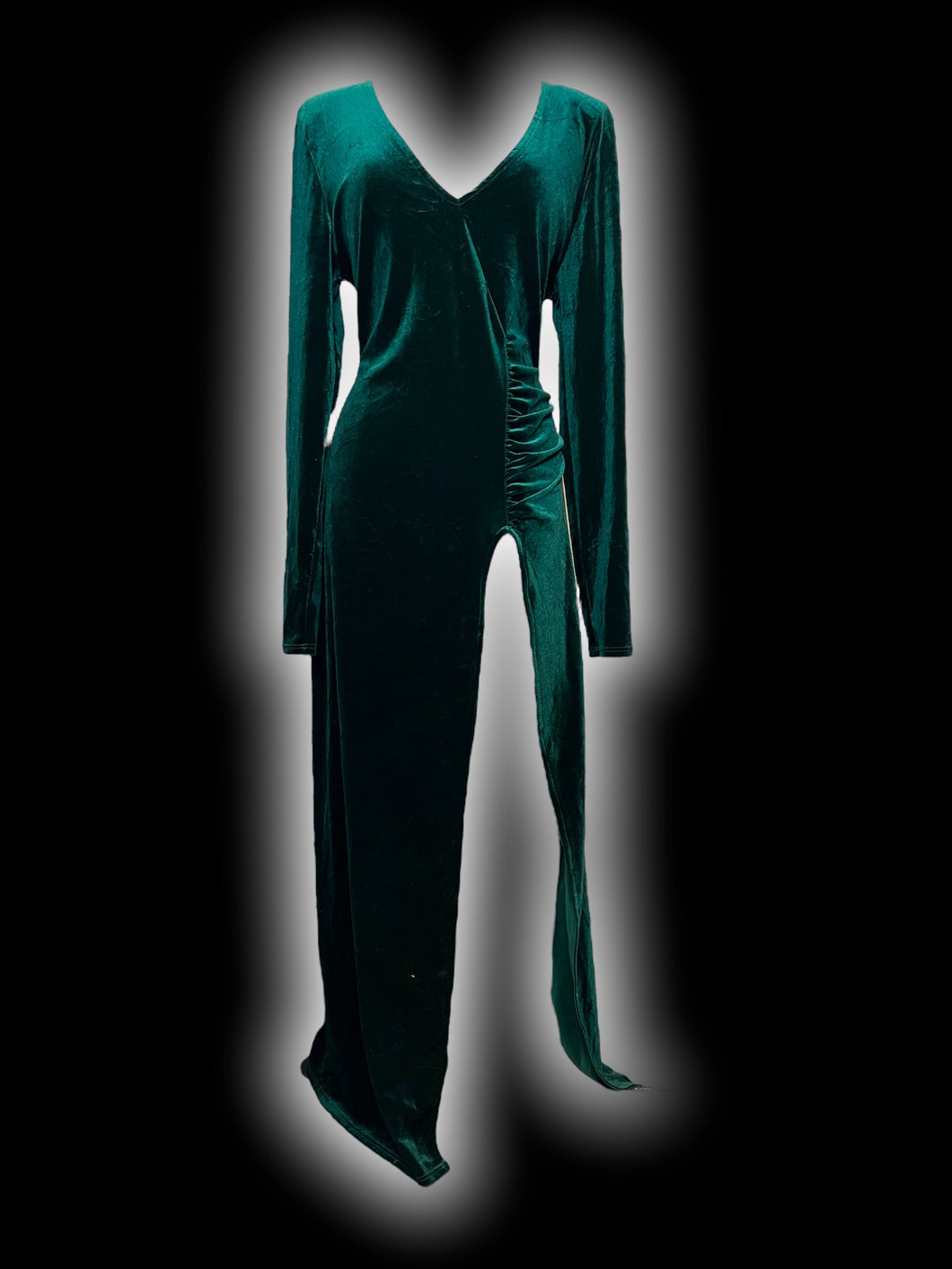 1X NWT Dark green velvet long sleeve deep v-neck dress w/ ruching detail, shoulder pads, & high slit skirt