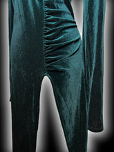 Load image into Gallery viewer, 1X NWT Dark green velvet long sleeve deep v-neck dress w/ ruching detail, shoulder pads, &amp; high slit skirt
