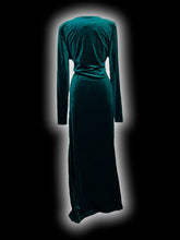 Load image into Gallery viewer, 1X NWT Dark green velvet long sleeve deep v-neck dress w/ ruching detail, shoulder pads, &amp; high slit skirt
