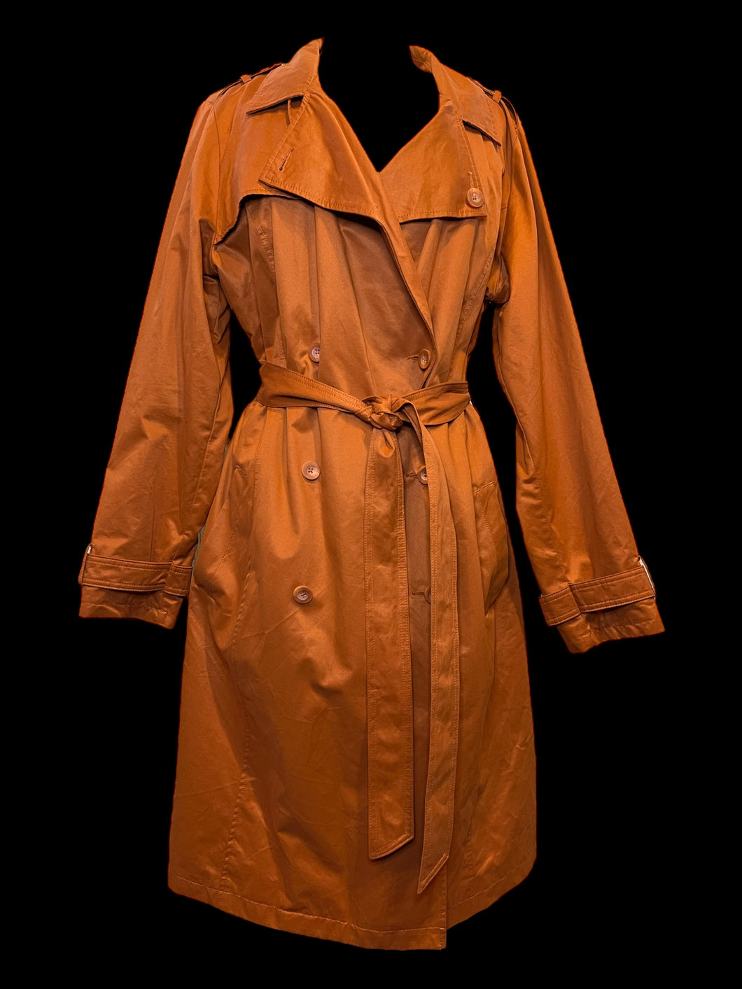 0X Burnt orange double breasted collared jacket w/ pockets, belt loops, & fabric waist tie