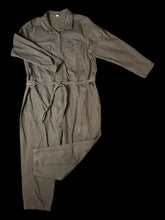 Load image into Gallery viewer, 1X Grey denim high rise straight leg partial button-up jumpsuit w/ pockets, belt loops, denim waist tie, button cuffs, &amp; zipper/button closure
