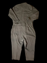 Load image into Gallery viewer, 1X Grey denim high rise straight leg partial button-up jumpsuit w/ pockets, belt loops, denim waist tie, button cuffs, &amp; zipper/button closure
