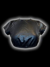 Load image into Gallery viewer, S Black pleather short sleeve crop top w/ open tie back, &amp; snap button neckline closure
