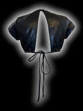 Load image into Gallery viewer, S Black pleather short sleeve crop top w/ open tie back, &amp; snap button neckline closure
