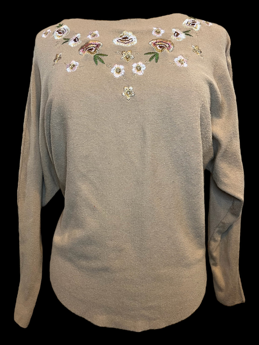 XL Beige & multicolor floral embroidery long sleeve rib knit scoop neck sweater w/ rounded hem
