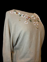 Load image into Gallery viewer, XL Beige &amp; multicolor floral embroidery long sleeve rib knit scoop neck sweater w/ rounded hem
