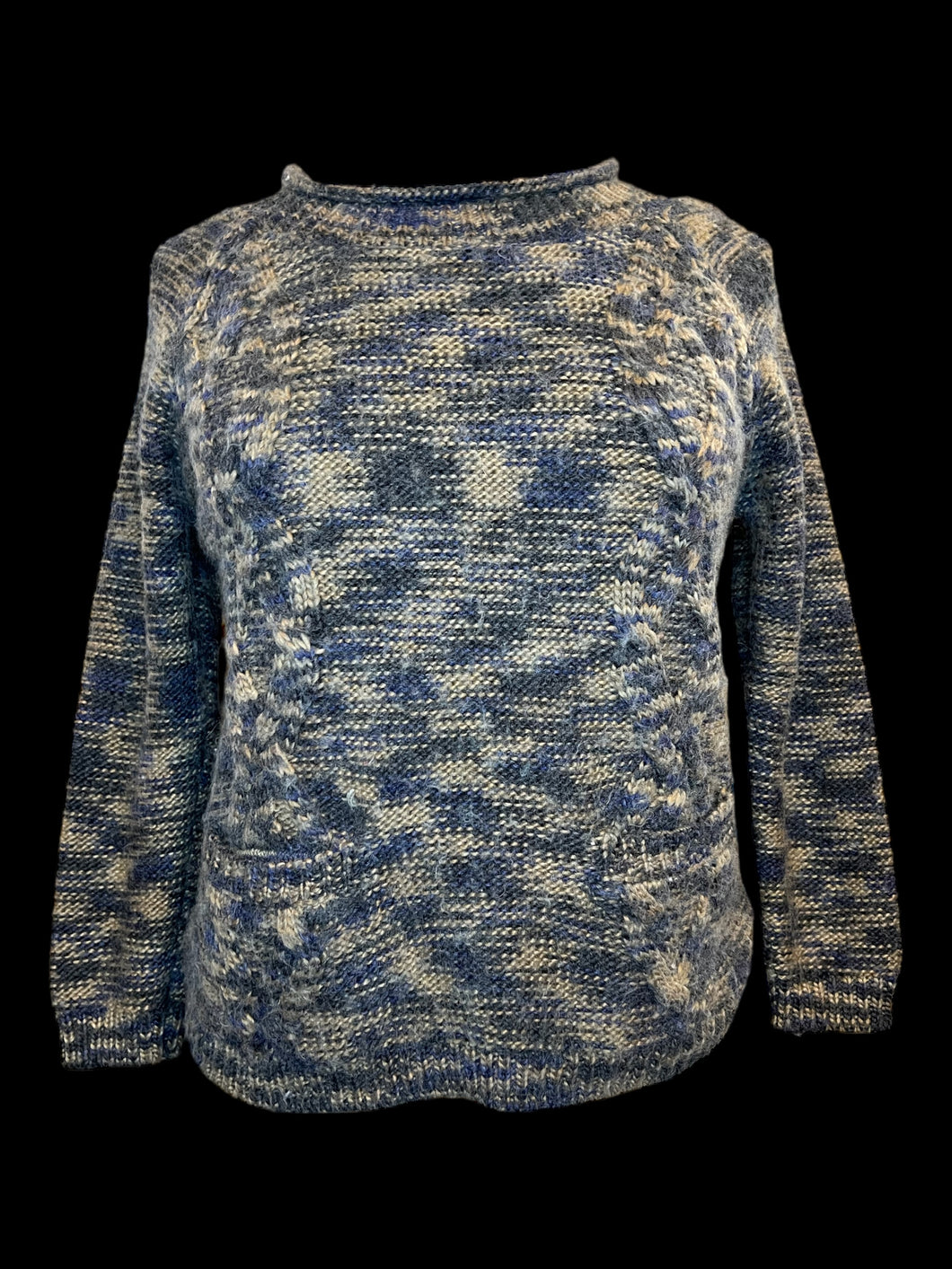 S Blue & yellow cable knit long sleeve crew neckline sweater w/ ribbed hems