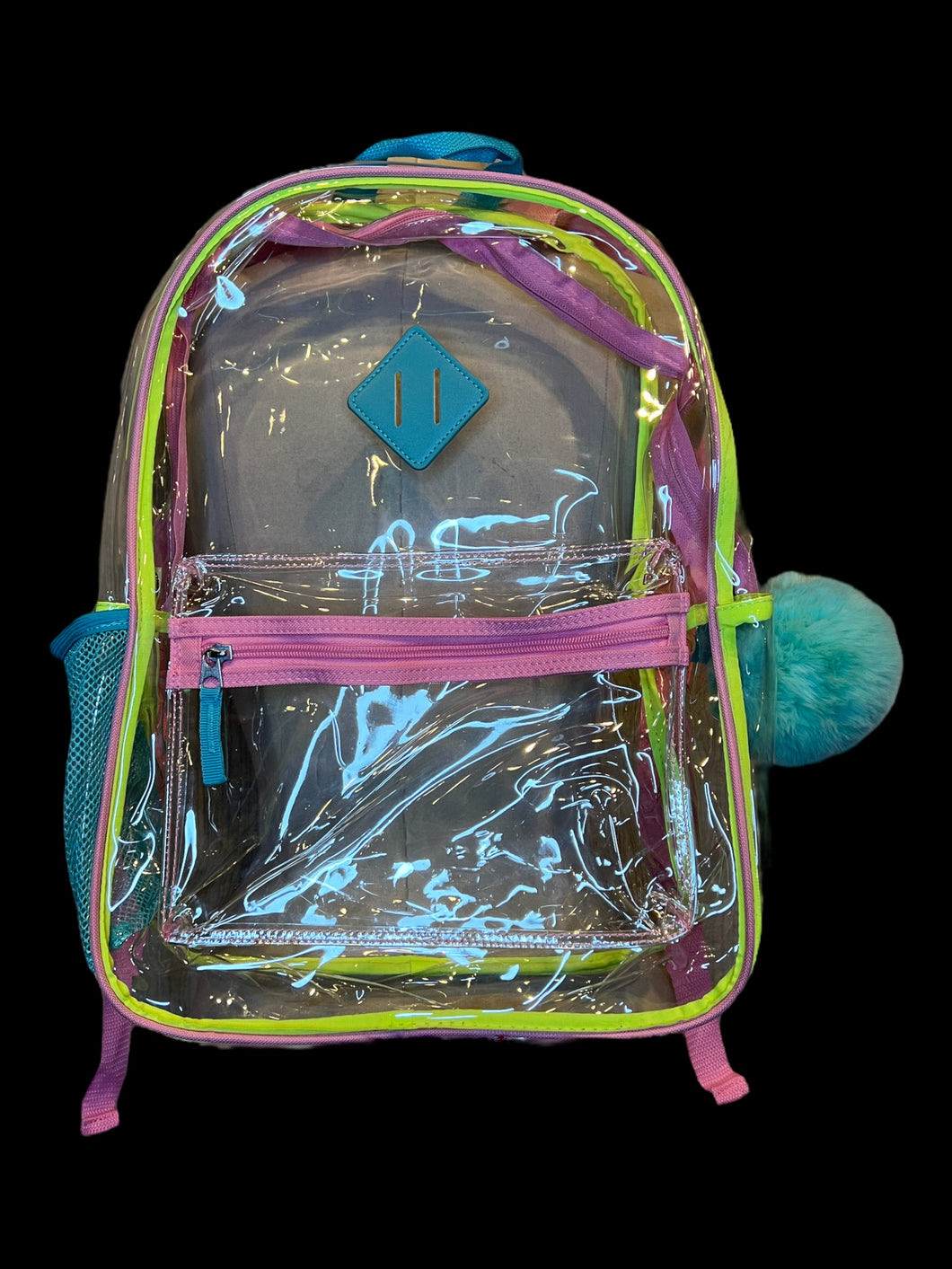 Yellow, pink, & blue clear backpack w/ adjustable straps, front pocket, & blue puff zipper pull