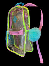 Load image into Gallery viewer, Yellow, pink, &amp; blue clear backpack w/ adjustable straps, front pocket, &amp; blue puff zipper pull
