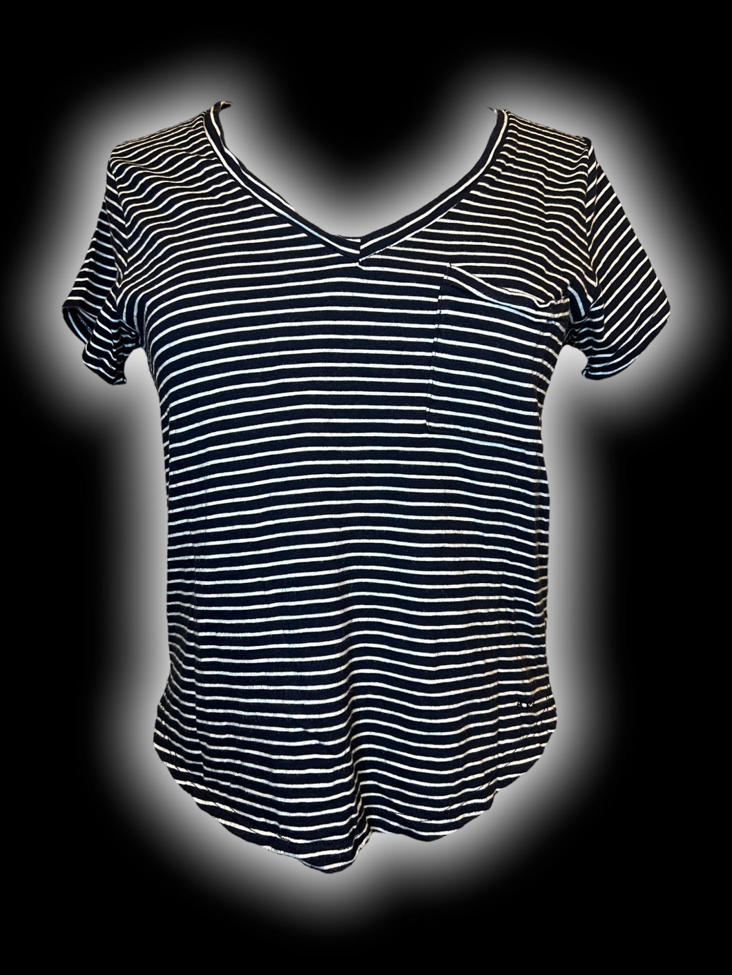 S Black & white stripe short sleeve v-neckline crop top w/ chest pocket