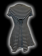 Load image into Gallery viewer, XS Black &amp; white short sleeve crew neckline mini dress w/ lace-up cinched back
