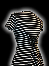 Load image into Gallery viewer, XS Black &amp; white short sleeve crew neckline mini dress w/ lace-up cinched back
