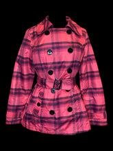 Load image into Gallery viewer, L Pink &amp; purple plaid double breasted jacket w/ tab button details, pockets, belt loops, &amp; fabric belt
