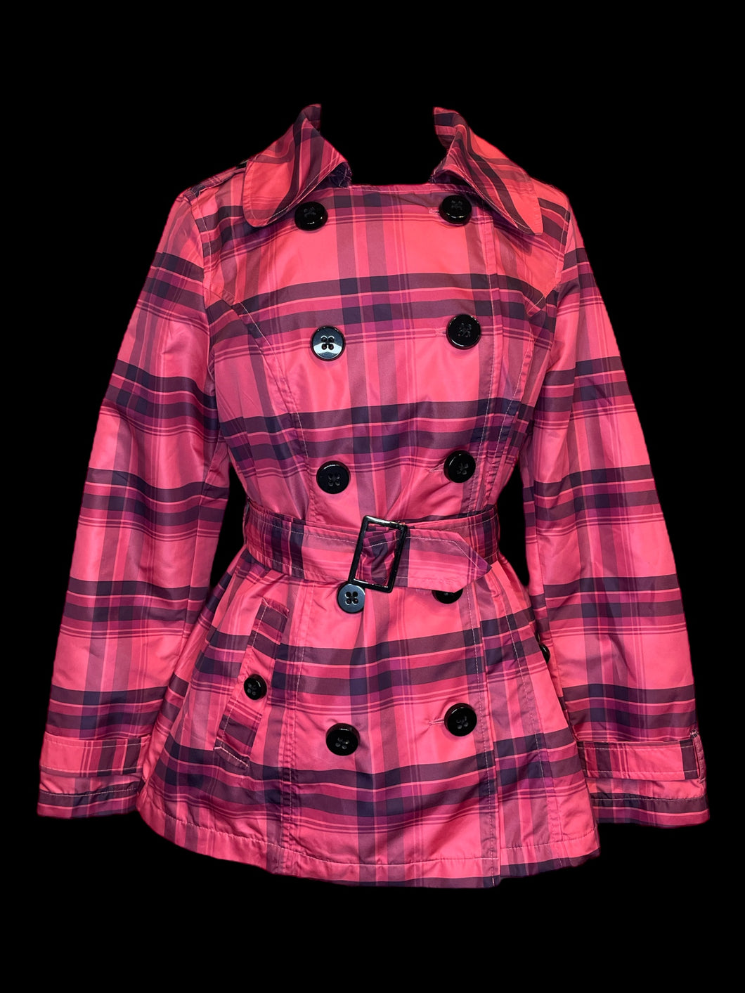L Pink & purple plaid double breasted jacket w/ tab button details, pockets, belt loops, & fabric belt