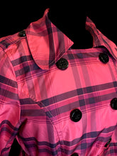 Load image into Gallery viewer, L Pink &amp; purple plaid double breasted jacket w/ tab button details, pockets, belt loops, &amp; fabric belt
