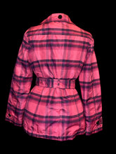 Load image into Gallery viewer, L Pink &amp; purple plaid double breasted jacket w/ tab button details, pockets, belt loops, &amp; fabric belt
