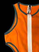 Load image into Gallery viewer, XXS Orange, white, &amp; teal sleeveless crew neckline partial zip-up romper w/ cutout details, &amp; grey mesh accents
