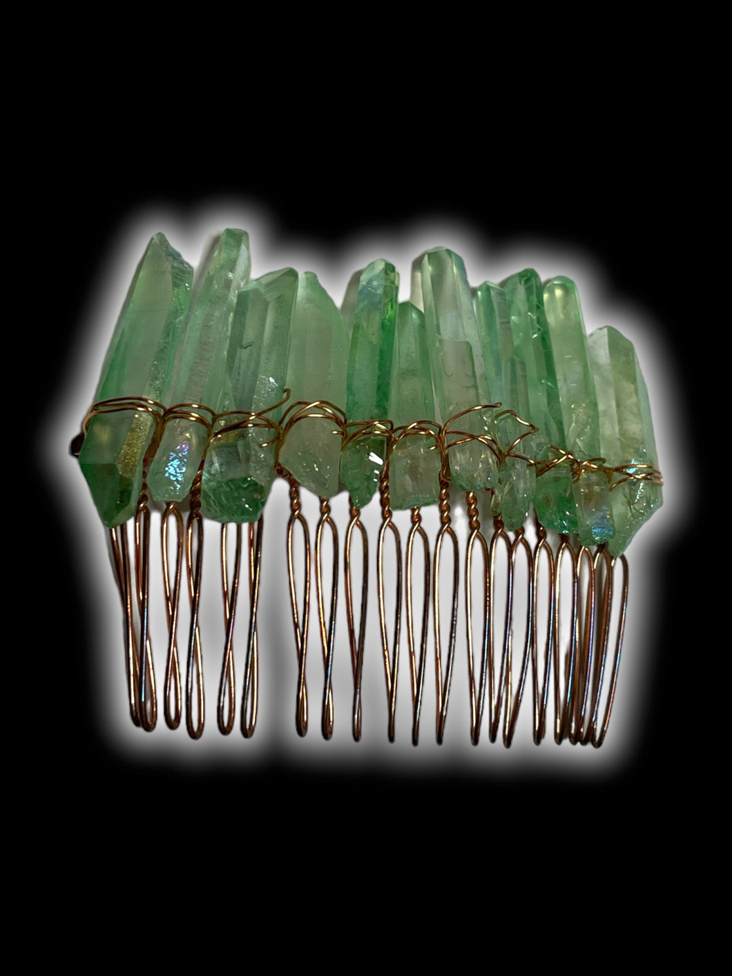 Handmade copper-like & green crystal point hair comb