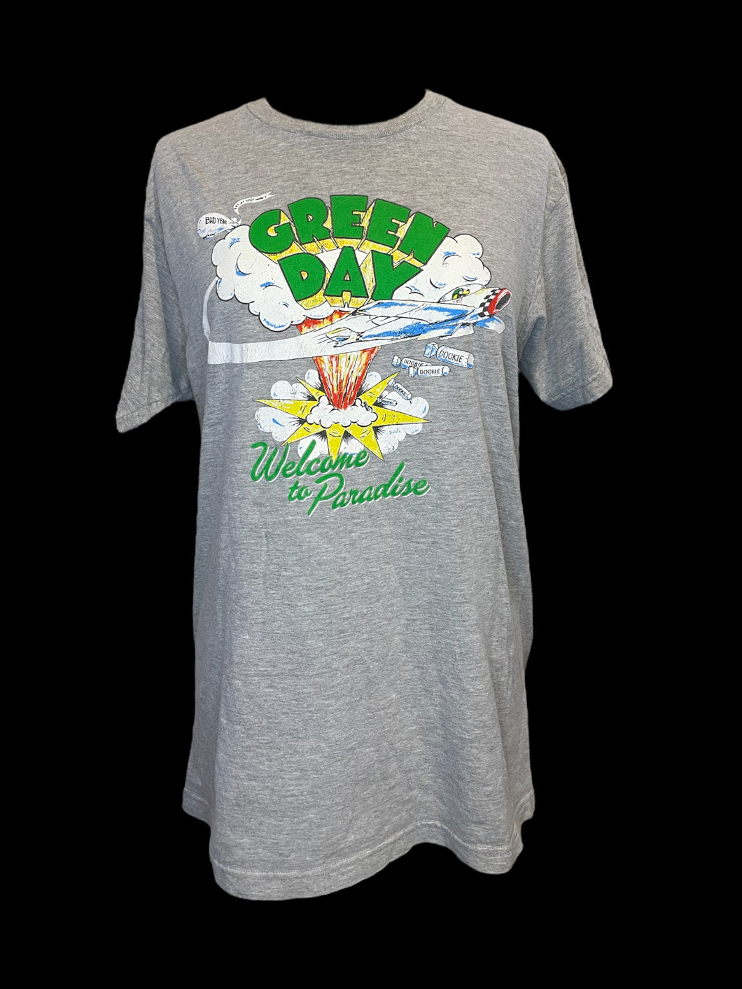 0X Heathered grey “Green Day” short sleeve top w/ Dookie album graphic, & “Welcome To Paradise” text