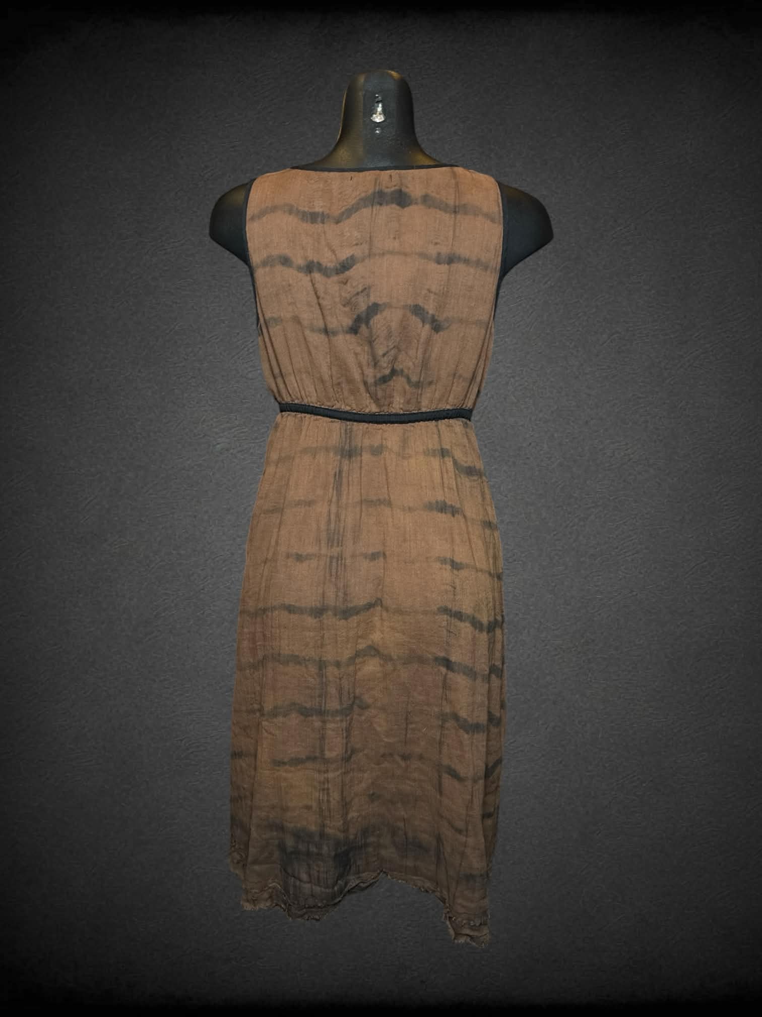 M Lucky Brand brown dress with black tie-dye striped design, and distressed hem