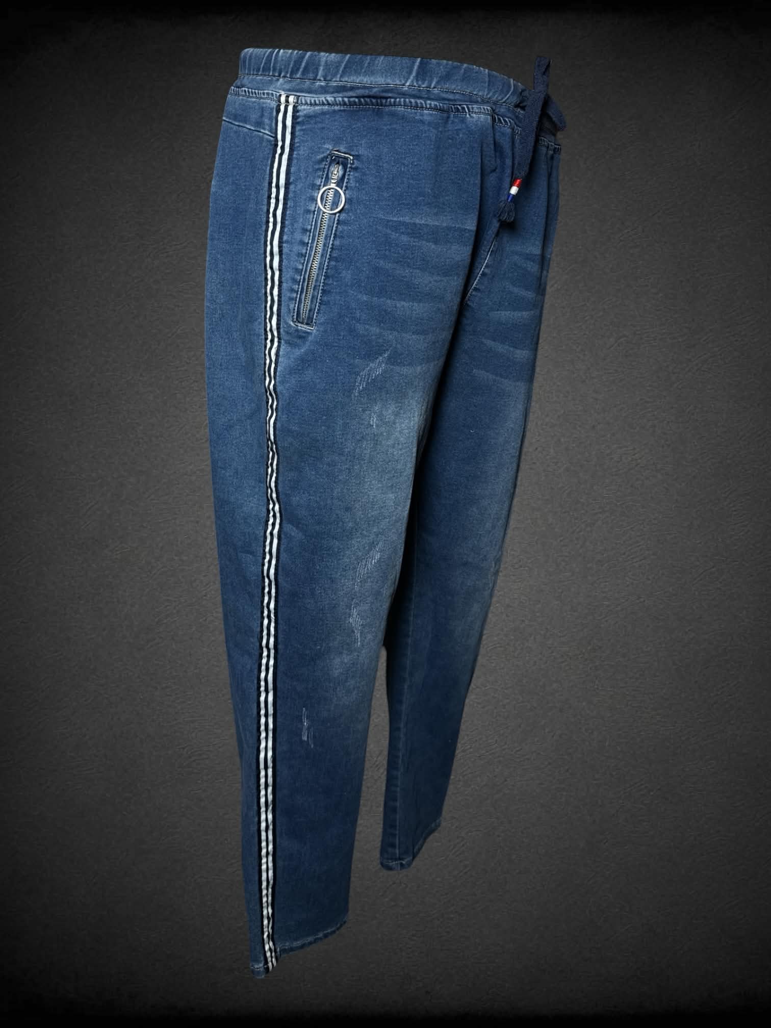 2X Zim & Zoe blue distressed jeans with striped design on each side, zipper pockets and adjustable tie waist