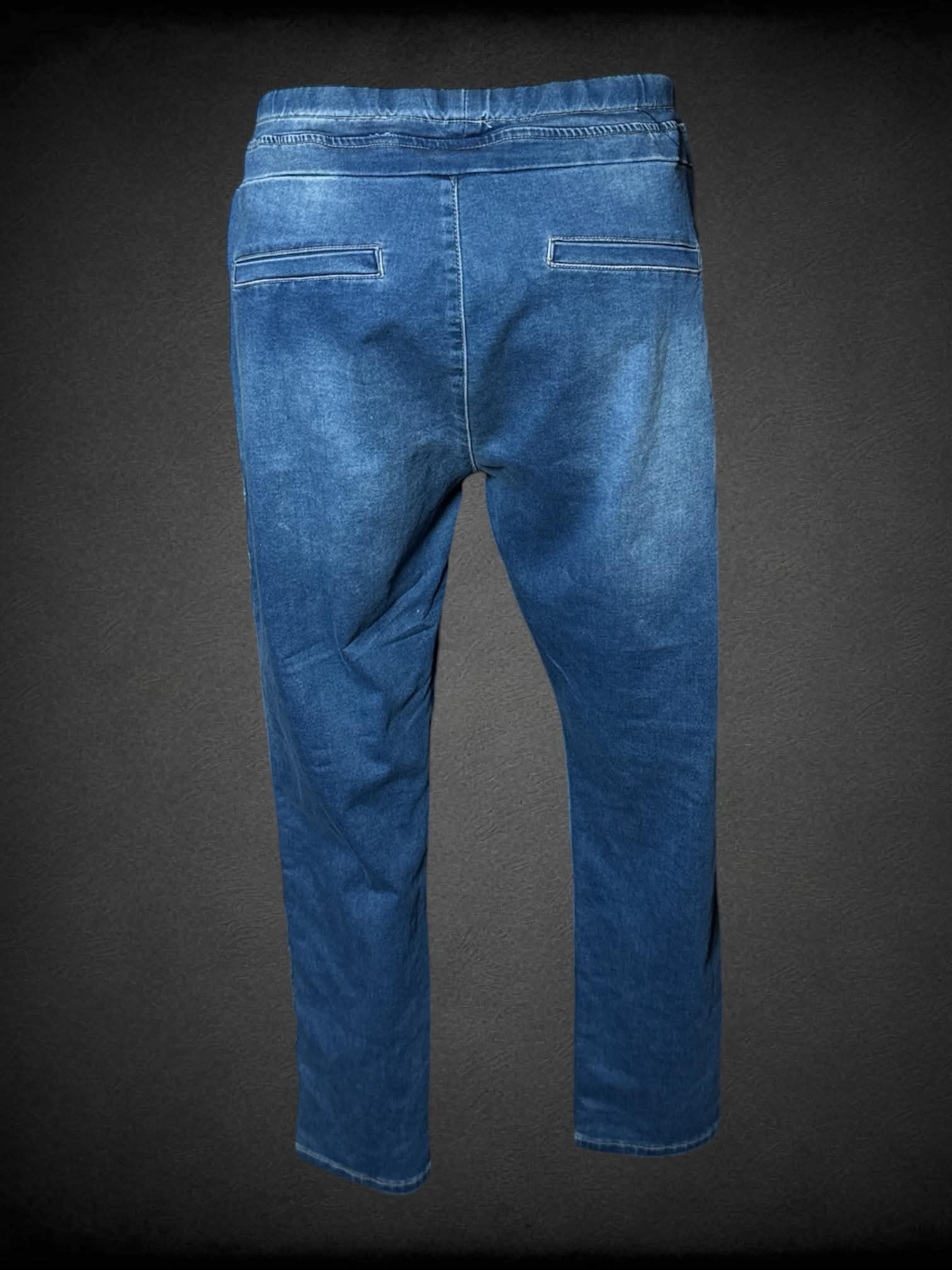 2X Zim & Zoe blue distressed jeans with striped design on each side, zipper pockets and adjustable tie waist