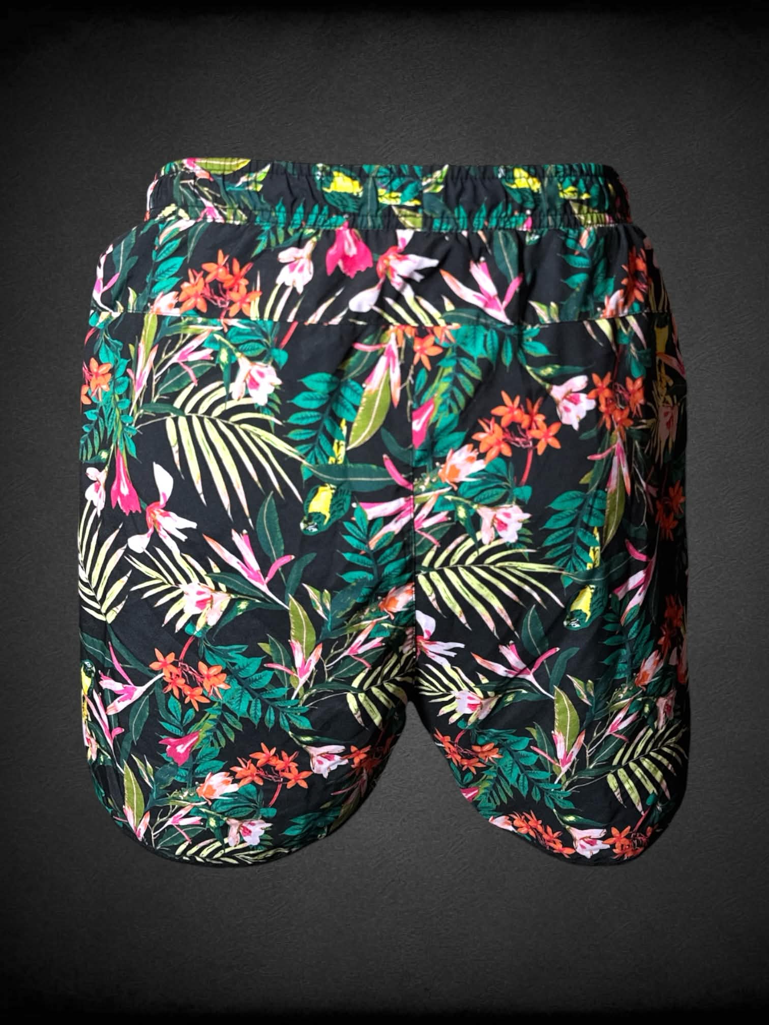 2X Old Navy black swim trunks with built-in briefs and tropical floral design