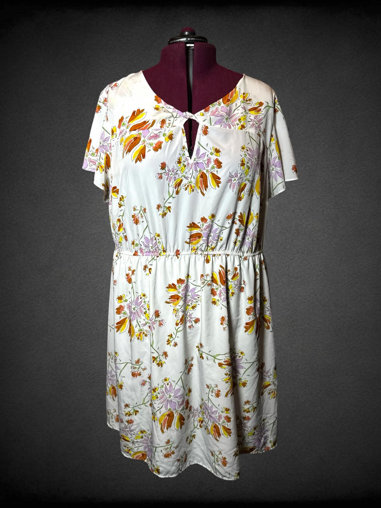 4X Ryan Wythe white sheer dress with colorful floral pattern, and cutout on chest