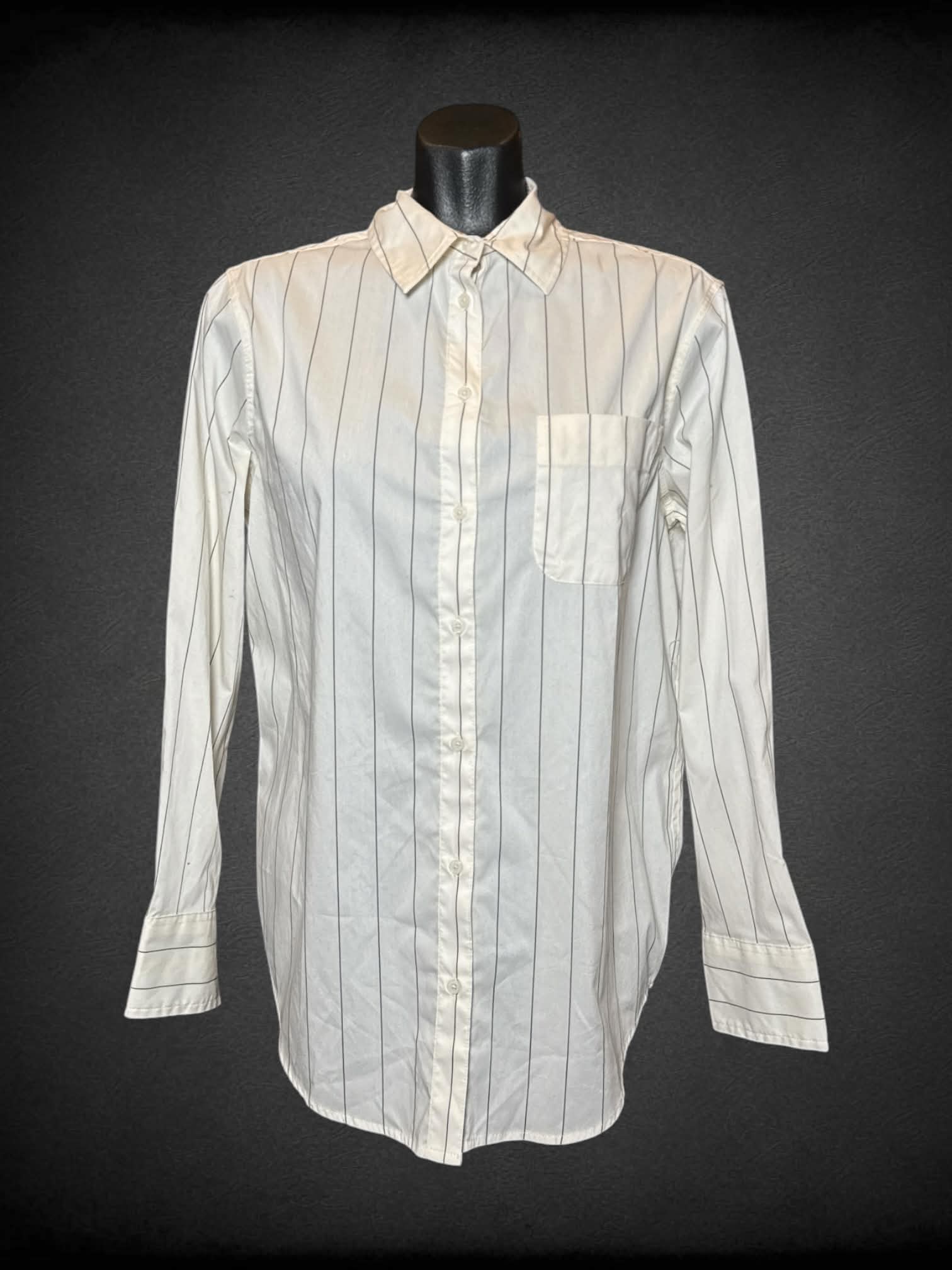 M A New Day NWT white button-up shirt with grey striped pattern, and pocket on front