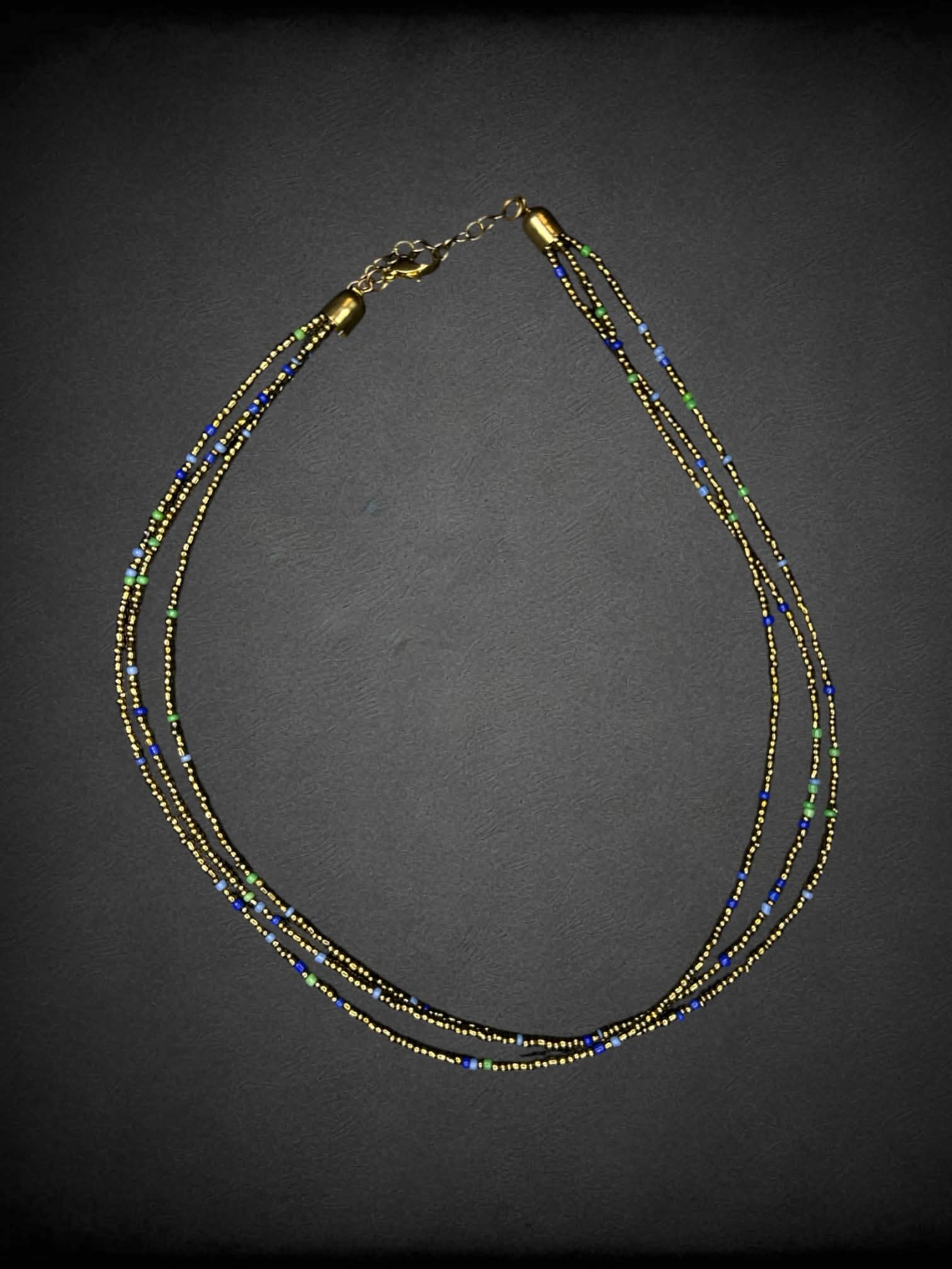3 layered gold & blue beaded necklace