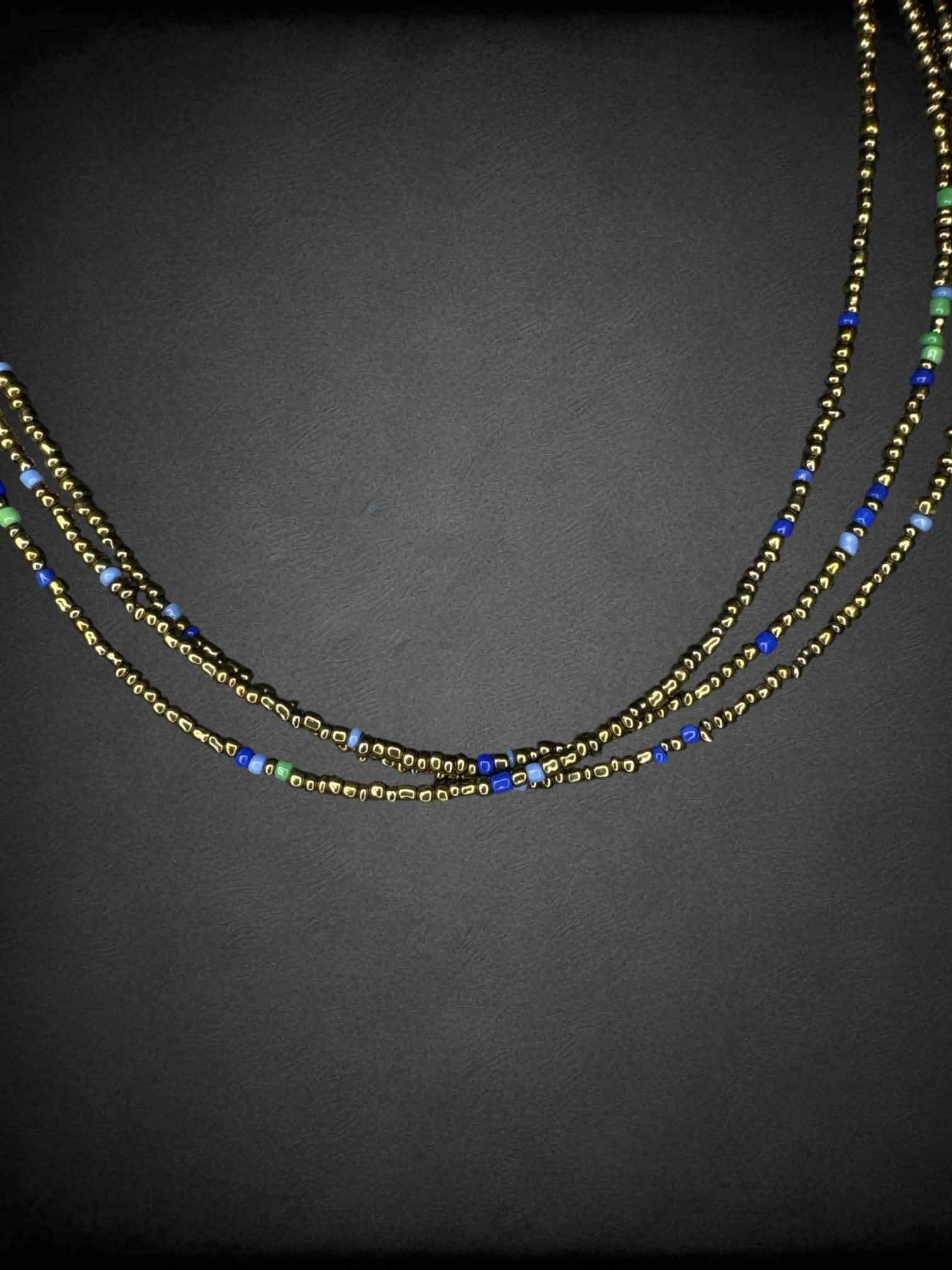 3 layered gold & blue beaded necklace